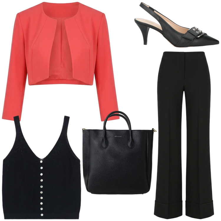 Outfit donna - Passione rosso. Stile Chic per Tutti i giorni. Abbinamento con décolleté, borse a tracolla, top, bolero, pantaloni.