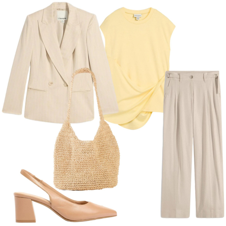 Outfit donna - bonprix - Cool Spring. Stile Trendy per Ufficio. Abbinamento con pantaloni a palazzo, top, blazer, décolleté, shopping bag.