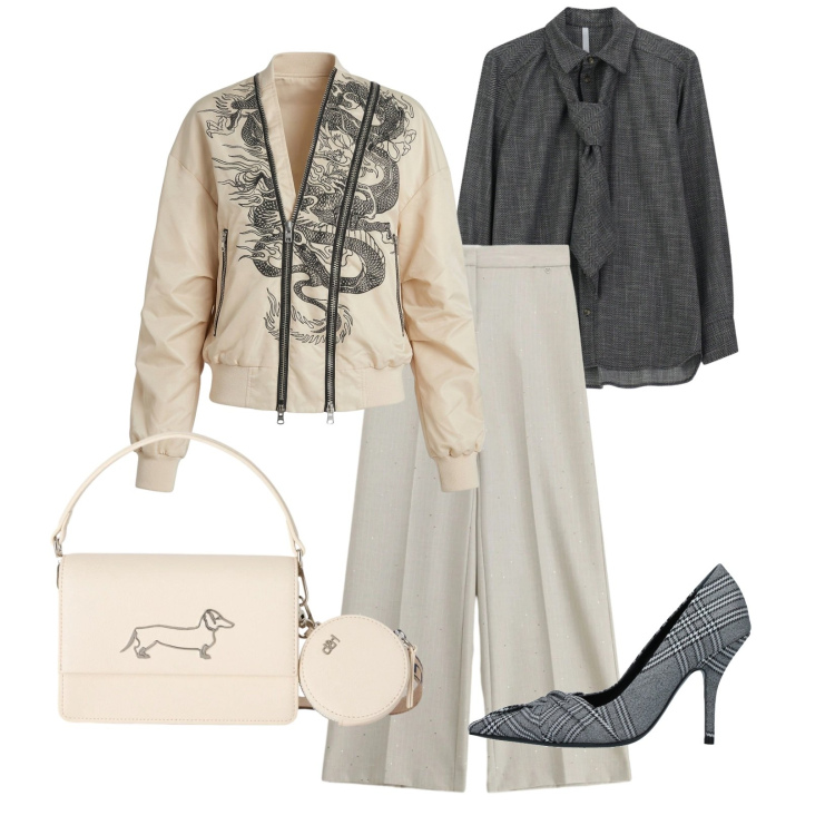 Outfit donna - Ryu. Stile Casual chic per Cerimonia. Abbinamento con décolleté, camicie, pantaloni a palazzo, borse a tracolla, bomber.