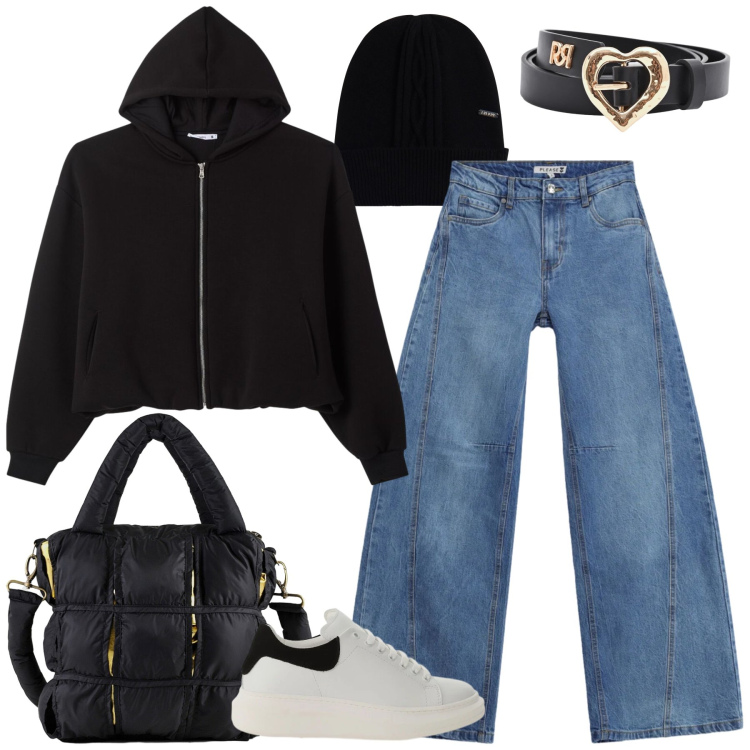 Outfit donna - Sporty style. Stile Basic per Tutti i giorni. Abbinamento con felpe con cappuccio, jeans, sneakers, cinture, berretti, borse a mano.