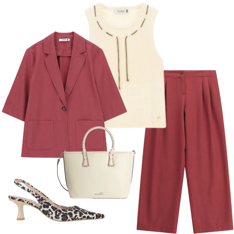 Outfit donna - Chic Moderno in Rosso Melograno. Stile Casual chic per Ufficio. Abbinamento con décolleté, pantaloni a palazzo, blazer, top, shopping bag.