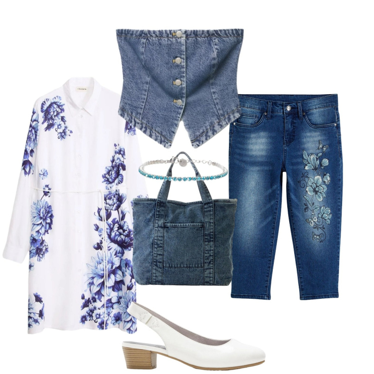 Outfit donna - Blu Denim e bianco. Stile Casual chic per Serata fuori. Abbinamento con vestiti, jeans, décolleté, shopping bag, top, braccialetti.