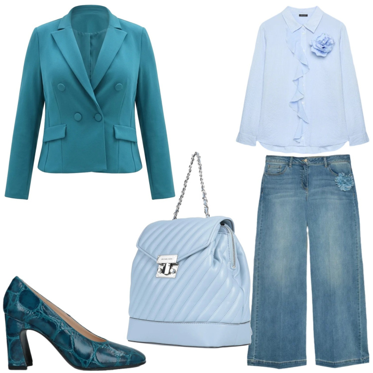 Outfit donna - Toni pastello. Stile Casual chic per Serata fuori. Abbinamento con zaini, décolleté, blazer, camicie, jeans.