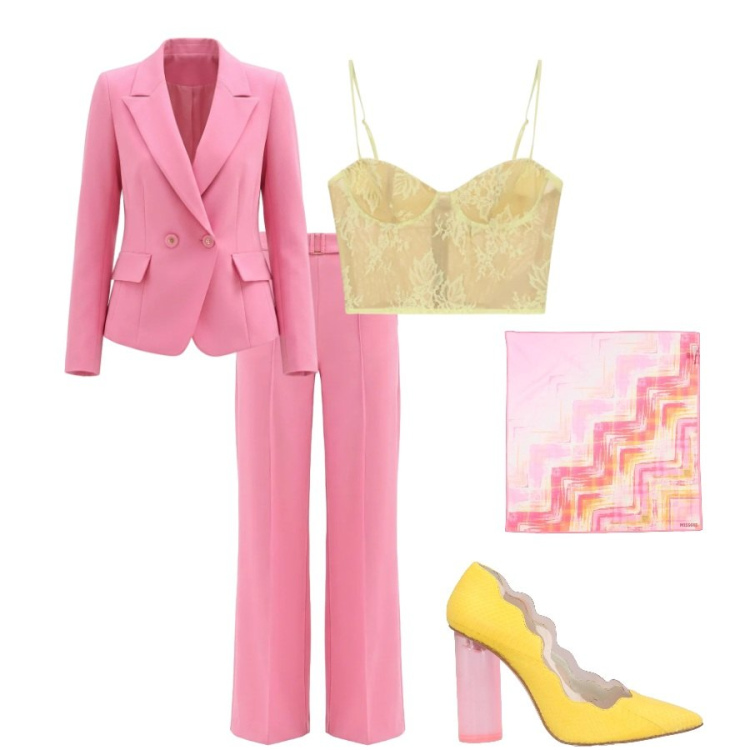 Outfit donna - Cerimonia colorata. Stile Glamour per Cerimonia. Abbinamento con décolleté, sciarpe, canottiere, pantaloni a palazzo, blazer.