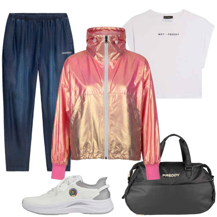 Outfit donna - La giacca satin comoda e leggera. Stile Basic per Sport. Abbinamento con borse sportive, t-shirt, pantaloni sportivi, scarpe sportive, bomber.