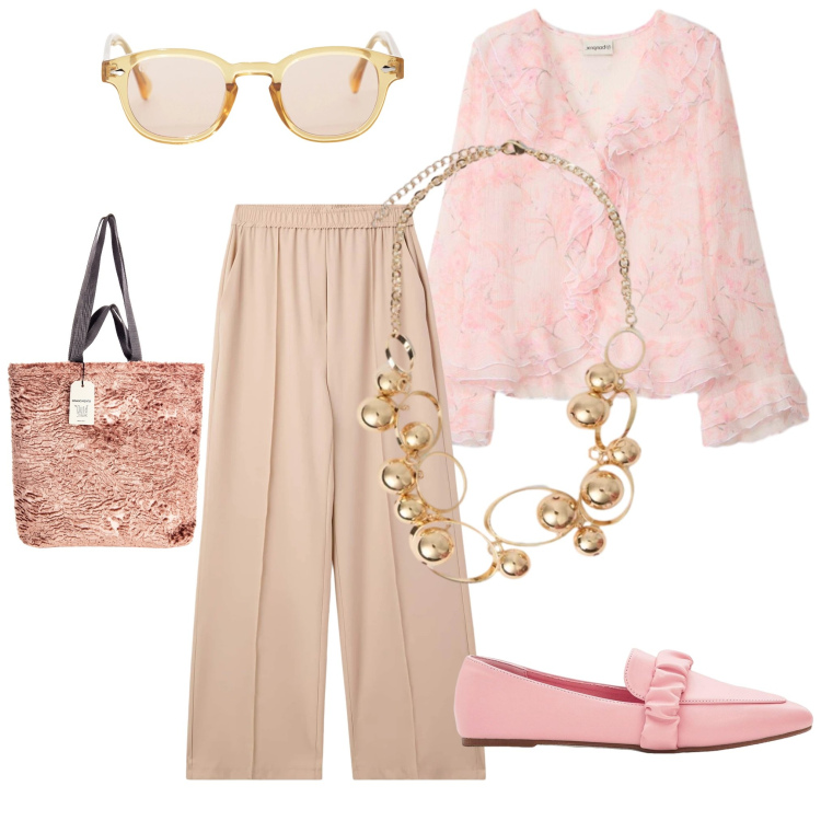 Outfit donna - Primaverale. Stile Bon Ton Abbinamento con bluse, mocassini, pantaloni, collane, occhiali da sole, borse tote.
