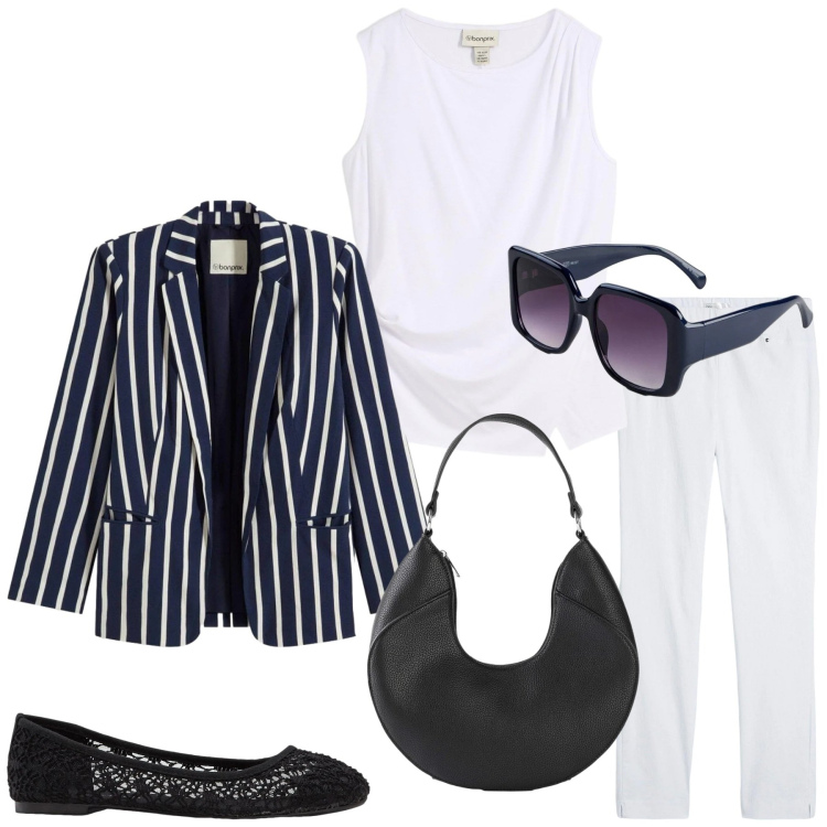 Outfit donna - Total look #2383496. Stile Minimal per Tutti i giorni. Abbinamento con blazer, top, pantaloni, ballerine, occhiali da sole, borse a mano.