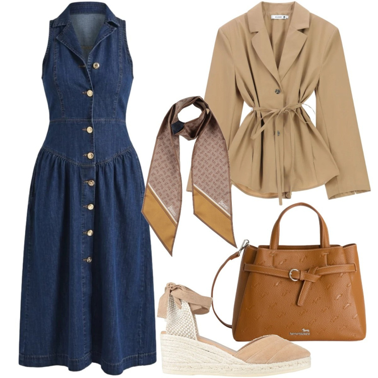 Outfit donna - Il vestito chemisier primaverile. Stile Casual chic per Tutti i giorni. Abbinamento con espadrillas, sciarpe, vestiti chemisier, blazer, borse a mano.