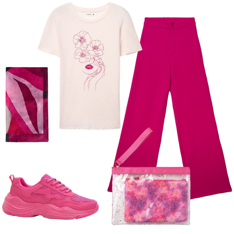 Outfit donna - Total look #2383507. Stile Romantica per Tutti i giorni. Abbinamento con sneakers, t-shirt, pochette, pantaloni, foulard.