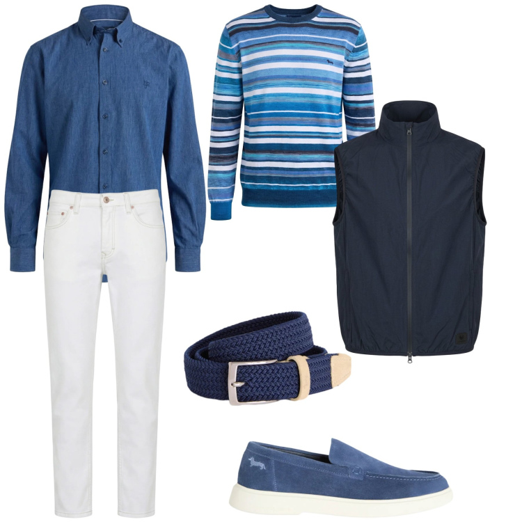 Outfit uomo - Il bianco e blu. Stile Trendy per Ufficio. Abbinamento con pullovers, cinture, jeans, camicie, sneakers, gilet.