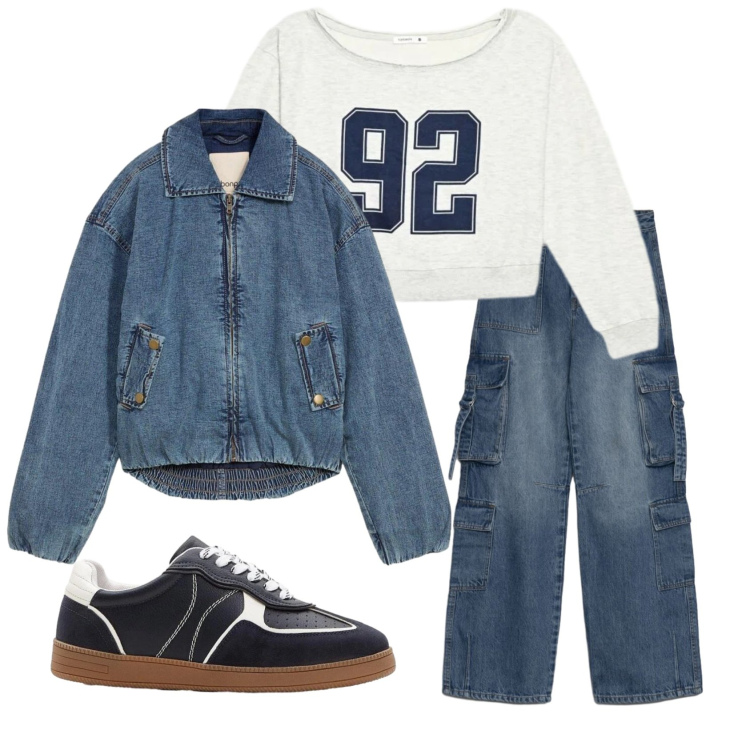 Outfit donna - Total look #2383512. Stile Casual per Scuola/Università. Abbinamento con bomber, sneakers, jeans, felpe.