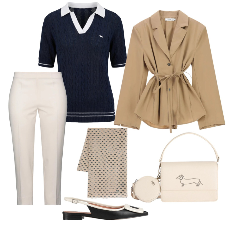 Outfit donna - a passeggio con le amiche. Stile Chic per Serata fuori. Abbinamento con ballerine, pantaloni, blazer, sciarpe, polo, borse a tracolla.