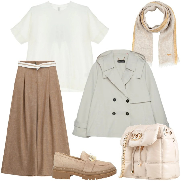 Outfit donna - Soft chic. Stile Chic per Tutti i giorni. Abbinamento con mocassini, valigie, sciarpe, trench, pantaloni a palazzo, t-shirt.