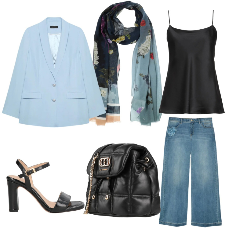 Outfit donna - Il foulard protagonista. Stile Casual chic per Serata fuori. Abbinamento con sciarpe, top, valigie, sandali in pelle, jeans, blazer.
