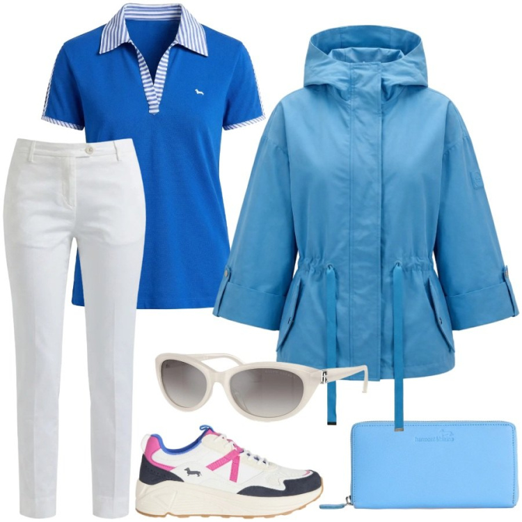 Outfit donna - Sorbetto mood. Stile Casual per Tutti i giorni. Abbinamento con sneakers, caban, portafogli, polo, pantaloni, occhiali da sole.