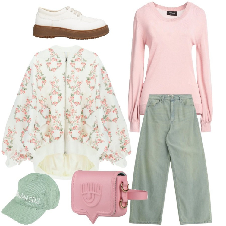 Outfit donna - Weekend in rosa e salvia. Stile Casual chic per Tutti i giorni. Abbinamento con marsupi, cappelli con visiera, scarpe stringate, pullovers, jeans, bomber.