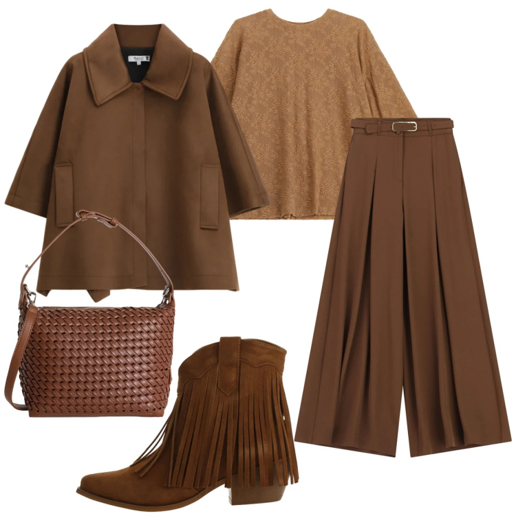Outfit donna - Total look #2383524. Stile Trendy per Ufficio. Abbinamento con stivaletti texani, bluse, pantaloni a palazzo, cappotti, borse a spalla.