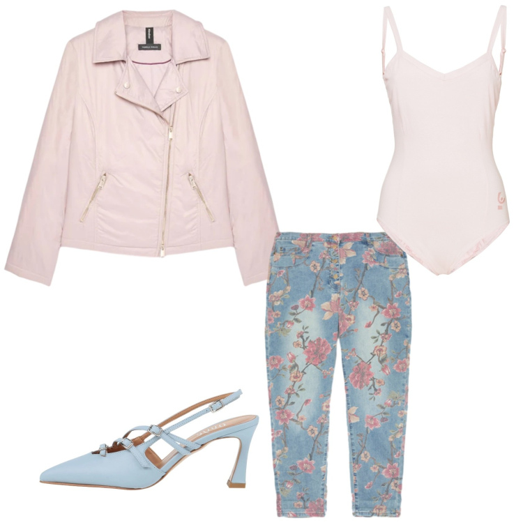 Outfit donna - Fiori di ciliegio. Stile Bon Ton per Scuola/Università. Abbinamento con décolleté, jeans, piumini, body.