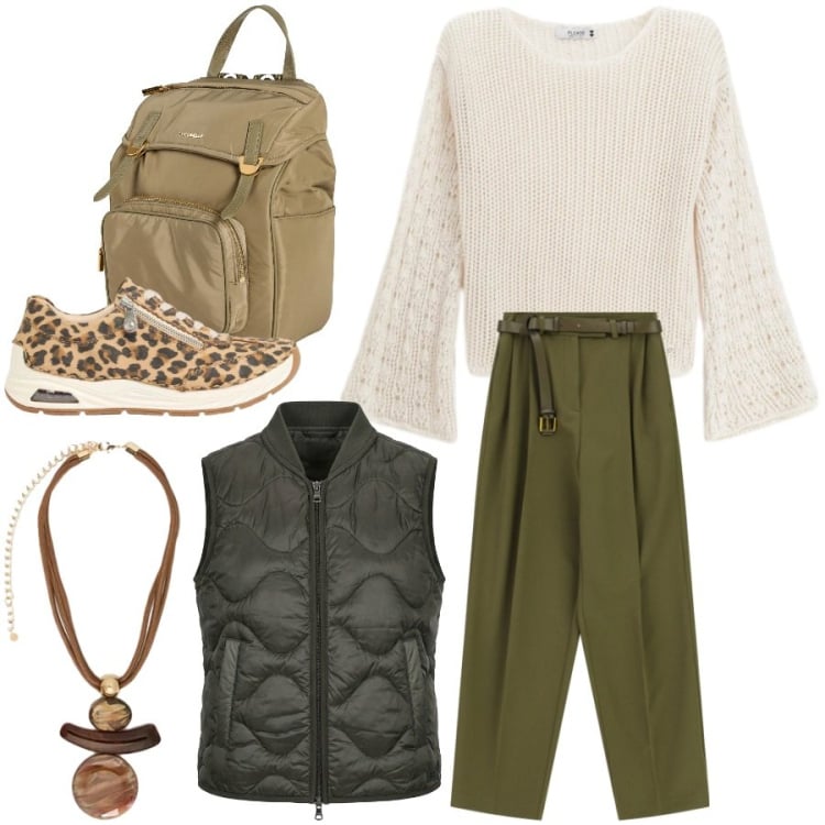 Outfit donna - Urban style. Stile Urban per Tutti i giorni. Abbinamento con zaini, sneakers, ciondoli, maglieria, pantaloni a palazzo, piumini.