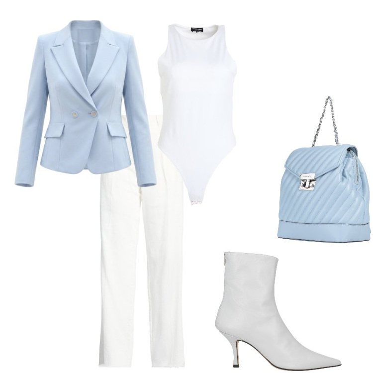 Outfit donna - Blazer perfetto. Stile Bon Ton per Ufficio. Abbinamento con zaini, stivaletti, body, pantaloni, blazer.