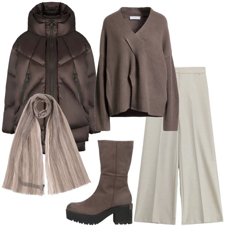 Outfit donna - Total look #2383529. Stile Basic per Ufficio. Abbinamento con pullovers, sciarpe, stivaletti, pantaloni a palazzo, piumini.
