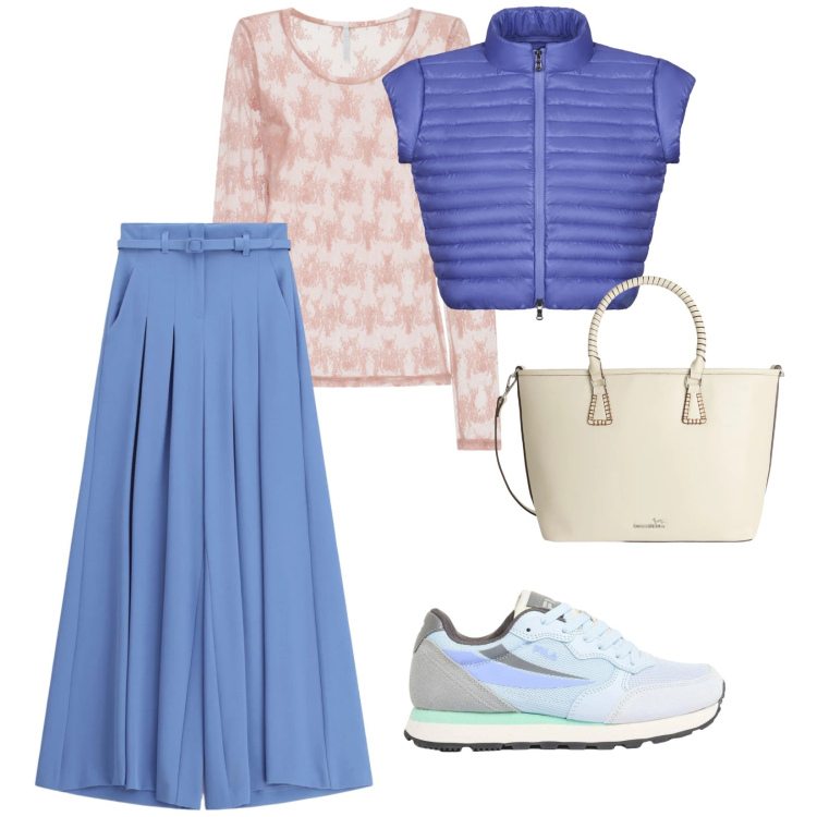Outfit donna - Martedì. per Tutti i giorni. Abbinamento con sneakers, shopping bag, pantaloni a palazzo, bluse, blazer.