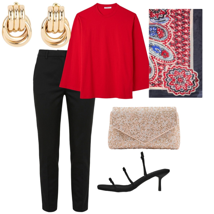 Outfit donna - Serate in compagnia. per Serata fuori. Abbinamento con orecchini, t-shirt, sandali col tacco, pantaloni skinny, foulard, pochette.