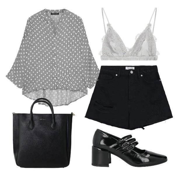 Outfit donna - Casual Chic con gli shorts di jeans. Stile Casual chic per Serata fuori. Abbinamento con décolleté, shorts, reggiseni, borse a tracolla, camicie.