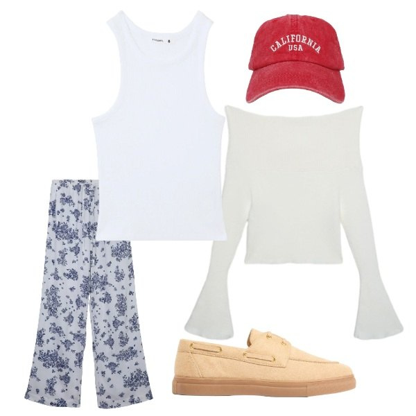 Outfit donna - Cloud Dancer. Stile Urban per Scuola/Università. Abbinamento con mocassini, pantaloni, maglieria, cappelli con visiera, canottiere.
