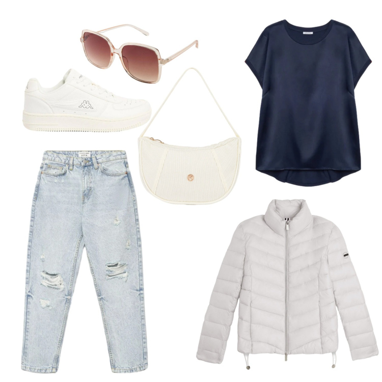 Outfit donna - Libertà. Stile Casual per Tutti i giorni. Abbinamento con occhiali da sole, sneakers, jeans mom, bluse, piumini, borse a mano.
