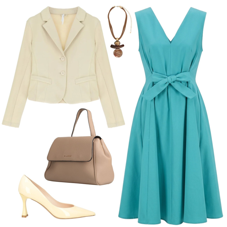 Outfit donna - Eleganza nei toni più soft. Stile Chic per Serata fuori. Abbinamento con zaini, décolleté, blazer, ciondoli, vestiti midi/longuette.