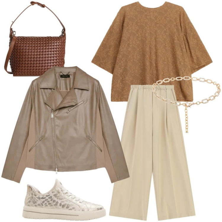 Outfit donna - Colori e tessuti soft chic. Stile Chic per Ufficio. Abbinamento con sneakers, bluse, pantaloni a palazzo, blazer, cinture, borse a spalla.