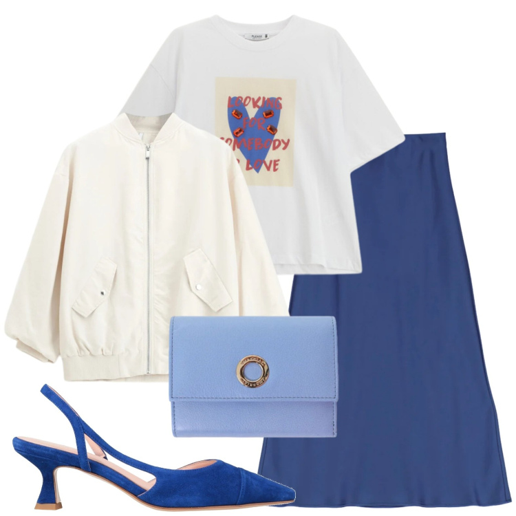 Outfit donna - Ventata d\'azzurro. Stile Urban per Scuola/Università. Abbinamento con décolleté, t-shirt, gonne lunghe, bomber, portafogli.