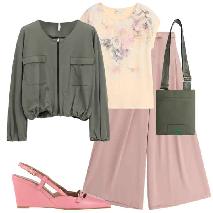 Outfit donna - Rosa cipria per una giornata movimentata. Stile Casual chic per Tutti i giorni. Abbinamento con décolleté, t-shirt, pantaloni a palazzo, bomber, borse a tracolla.