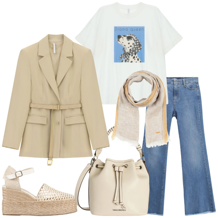 Outfit donna - Total look #2383553. Stile Casual per Tutti i giorni. Abbinamento con espadrillas, sciarpe, t-shirt, blazer, jeans, borse a secchiello.