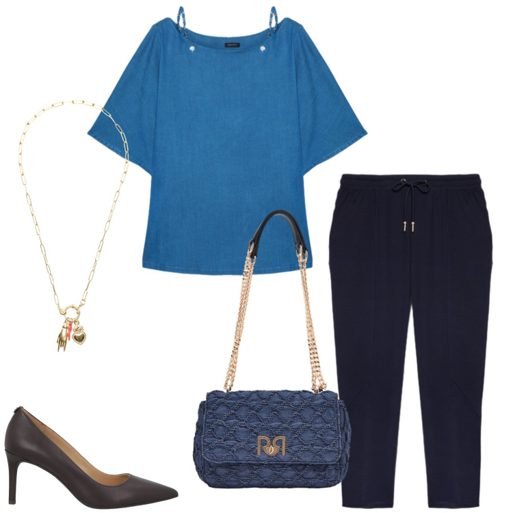 Outfit donna - Blue Harmony & Urban Gold. Stile Casual chic per Tutti i giorni. Abbinamento con décolleté, pantaloni, bluse, borse a spalla, ciondoli.