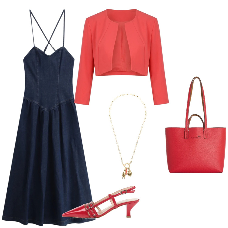 Outfit donna - Bonsoir, le rouge. Stile Casual chic per Serata fuori. Abbinamento con décolleté, bolero, vestiti lunghi, shopping bag, ciondoli.