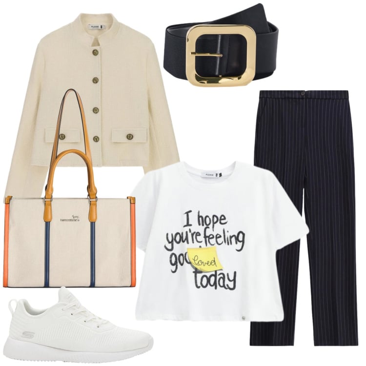 Outfit donna - Un Giorno in Città. Stile Casual per Tutti i giorni. Abbinamento con sneakers, cinture, pantaloni, cappotti, t-shirt, borse tote.