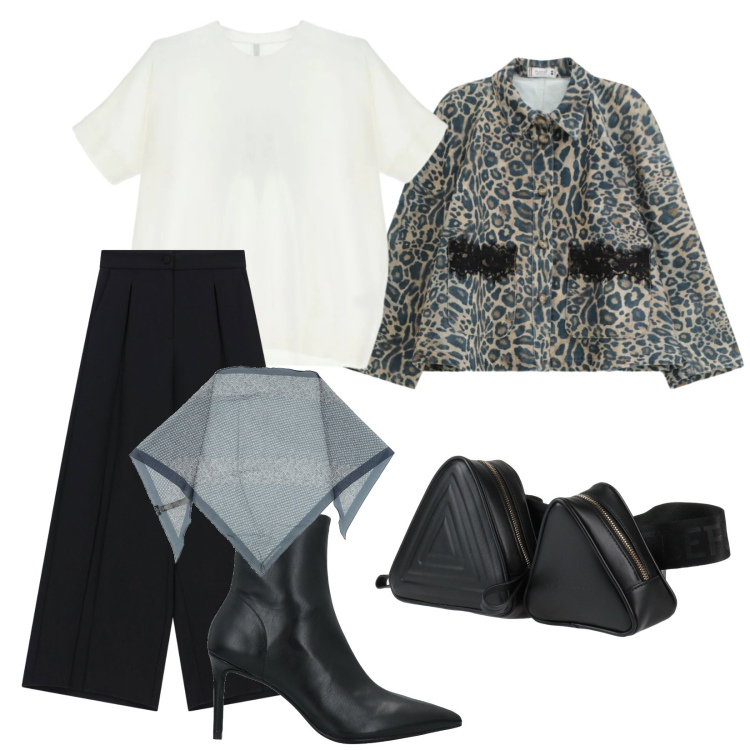Outfit donna - Outfit aprile. Stile Trendy per Serata fuori. Abbinamento con marsupi, stivaletti, stole, blazer, t-shirt, pantaloni a palazzo.