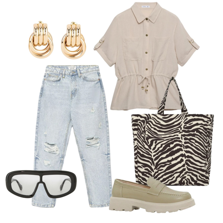 Outfit donna - Aprile. Stile Casual per Tutti i giorni. Abbinamento con orecchini, mocassini, occhiali da sole, jeans mom, shopping bag, camicie a manica corta.