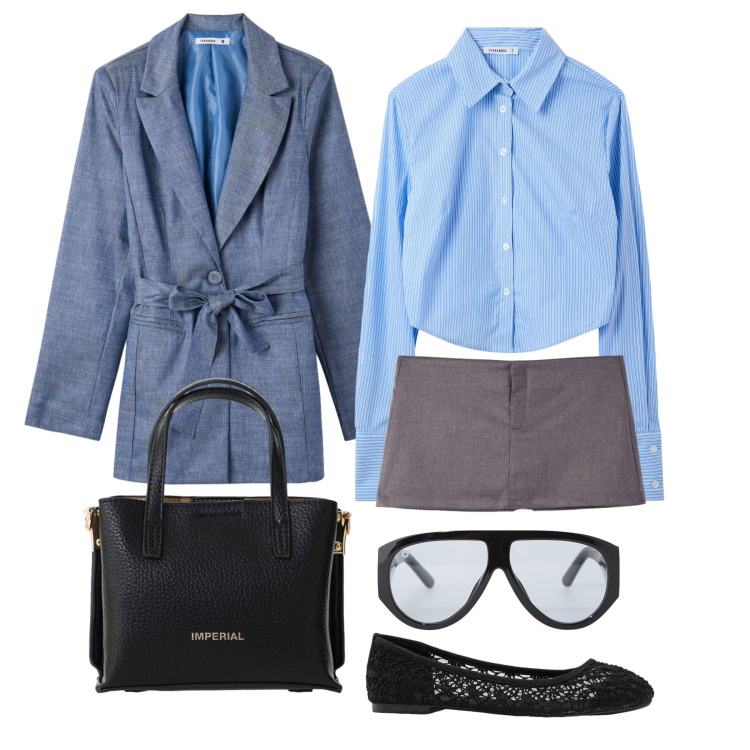 Outfit donna - Aprile. Stile Trendy per Tutti i giorni. Abbinamento con ballerine, minigonne, blazer, camicie, borse a tracolla, occhiali da sole.