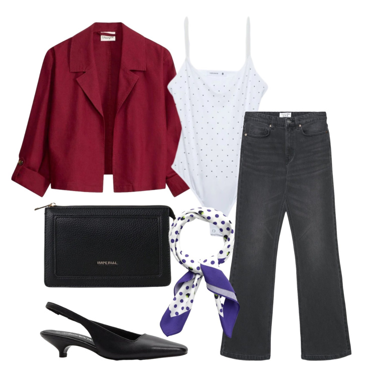 Outfit donna - Aprile. Stile Casual chic per Tutti i giorni. Abbinamento con blazer, décolleté, foulard, jeans bootcut, top, borse a tracolla.
