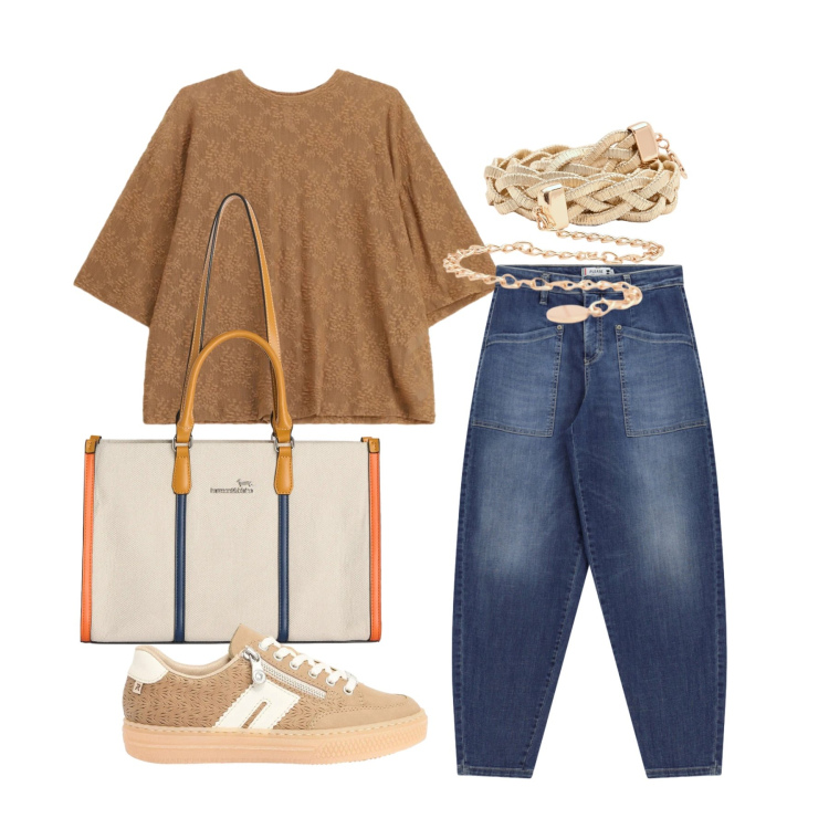 Outfit donna - Aprile. Stile Casual per Tutti i giorni. Abbinamento con sneakers, borse tote, jeans, bluse, cinture.