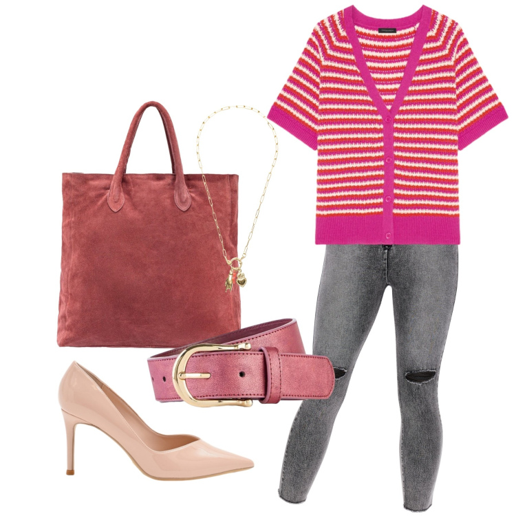 Outfit donna - Aprile. Stile Casual chic per Tutti i giorni. Abbinamento con cinture, cardigans, décolleté, jeans skinny, ciondoli, borse a mano.