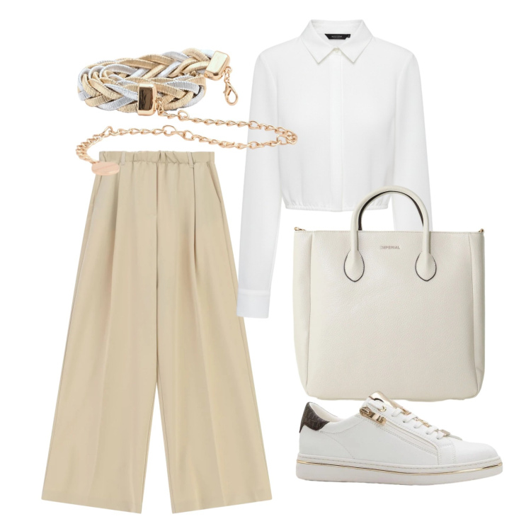 Outfit donna - Aprile. Stile Casual chic per Tutti i giorni. Abbinamento con sneakers, pantaloni a palazzo, borse a tracolla, cinture, camicie.