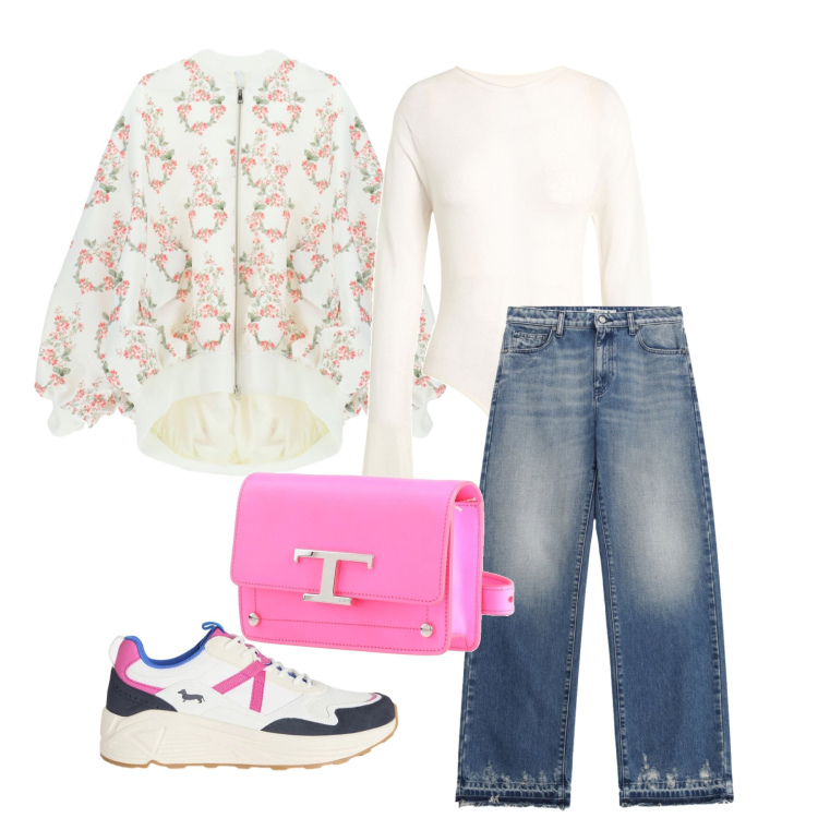 Outfit donna - Aprile. Stile Casual per Tutti i giorni. Abbinamento con body, marsupi, jeans, sneakers, bomber.