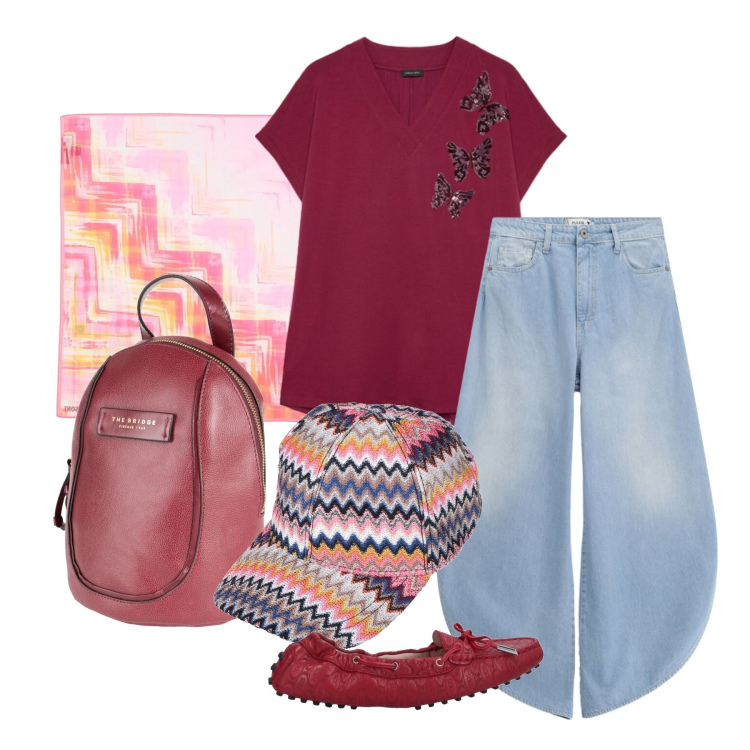 Outfit donna - Aprile. Stile Trendy per Tutti i giorni. Abbinamento con mocassini, zaini, sciarpe, cappelli con visiera, t-shirt, jeans.