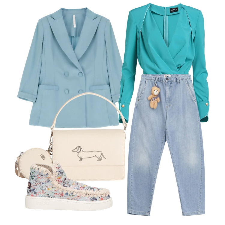 Outfit donna - Aprile. Stile Trendy per Tutti i giorni. Abbinamento con body, stivaletti, blazer, jeans, borse a tracolla.
