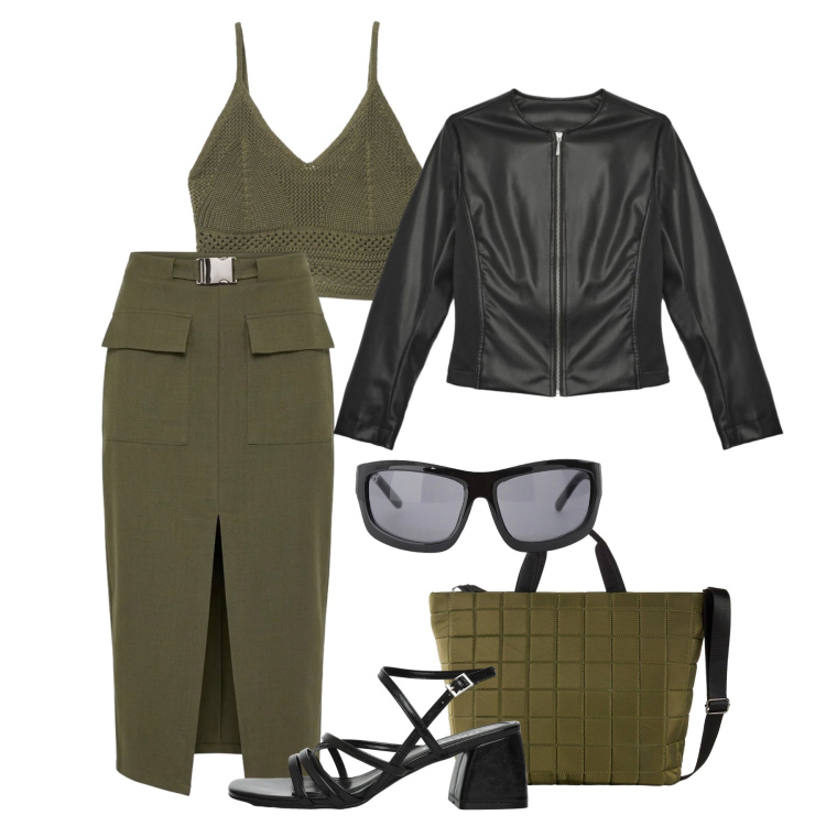 Outfit donna - La longuette utility. Stile Trendy per Tutti i giorni. Abbinamento con shopping bag, gonne longuette, canottiere, sandali col tacco, giacche, occhiali da sole.