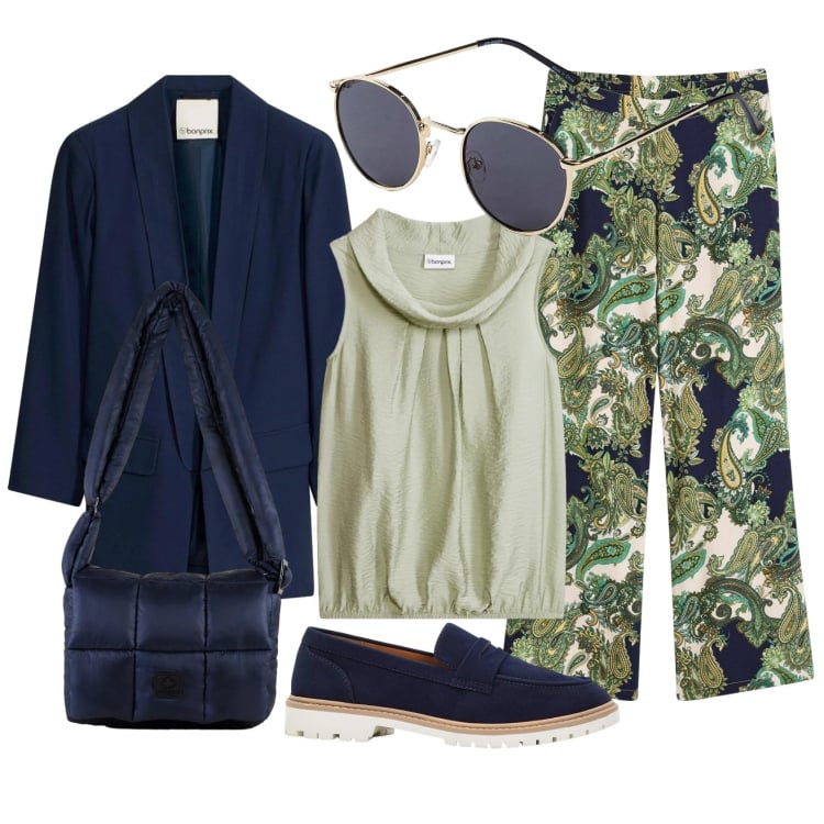 Outfit donna - Scelta di stile semplice. Stile Casual per Tutti i giorni. Abbinamento con top, pantaloni, blazer, mocassini, occhiali da sole, borse a spalla.